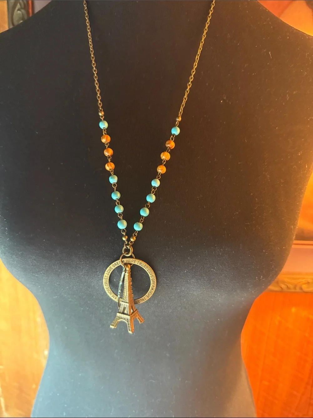 Turquoise and Wood Bead Eiffel Tower Pendant Necklace - Unbranded